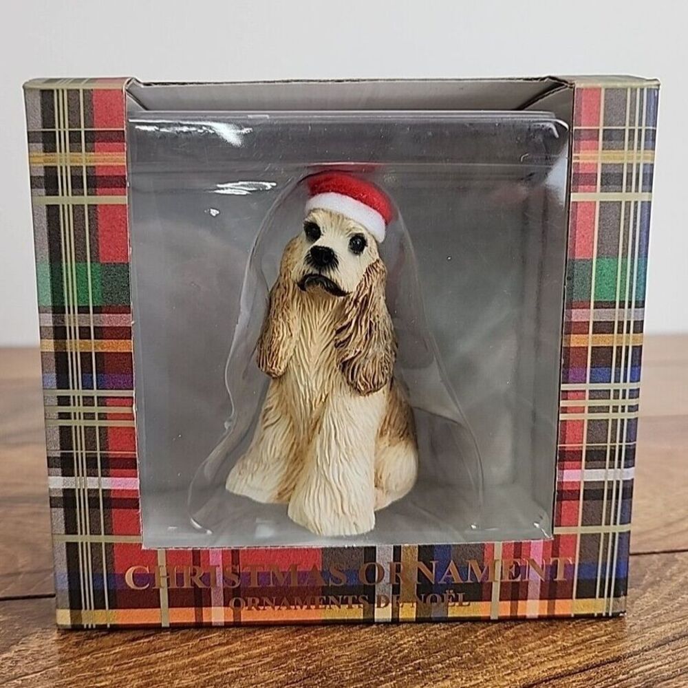 Sandicast Christmas Ornament Cocker Spaniel Dog with Santa Hat 3.5" Tall Buff